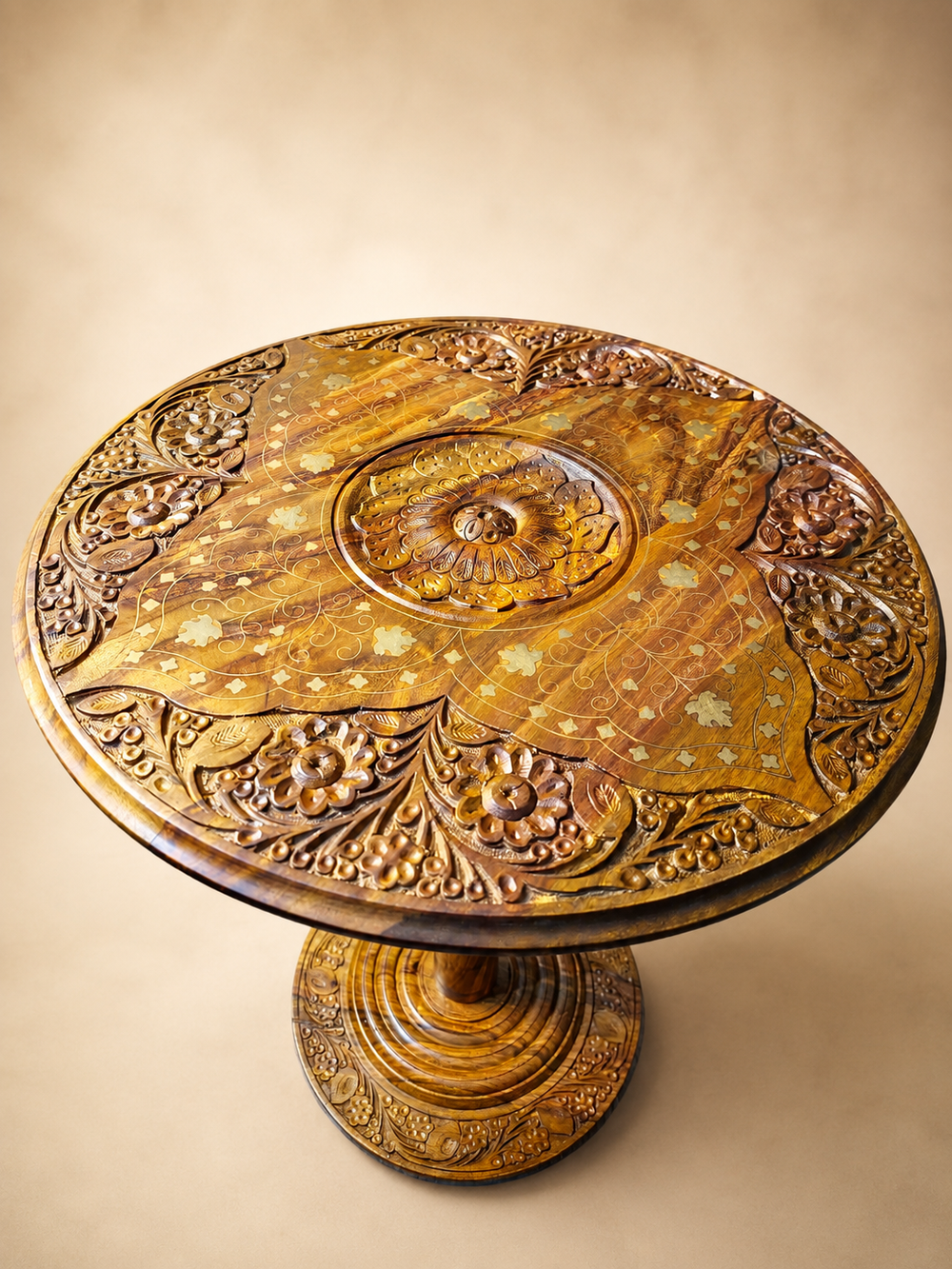 Handcrafted Sheesham coffee table with carved wooden base